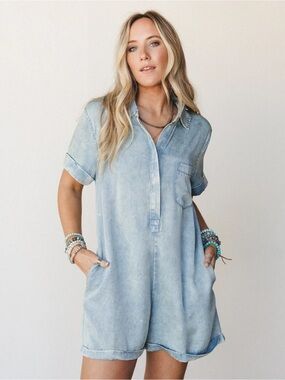 Zenana Outfitters Light Blue Denim Romper